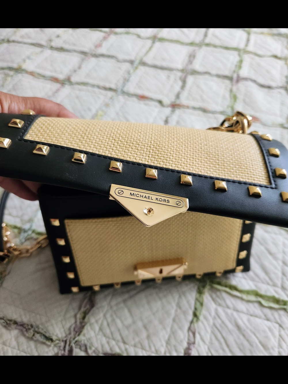 BN Michael Kors Black and Beige Studded Chain Shoulder Bag - Picture 2 of 8